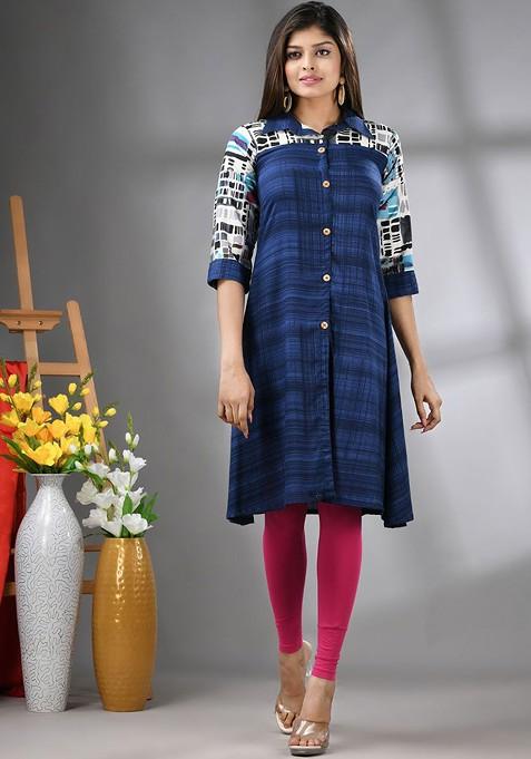 Navy Blue Geometric Print Rayon Kurta