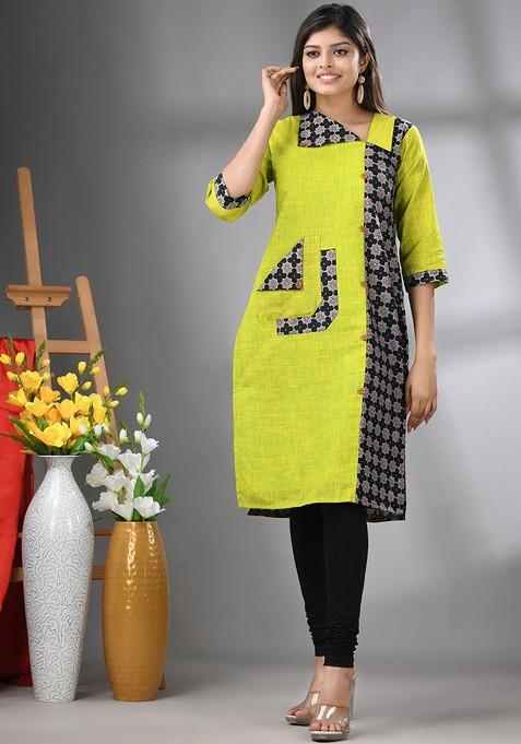 Lime Green Floral Print Cotton Kurta