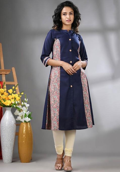 Navy Blue Ethnic Motifs Cotton Kurta