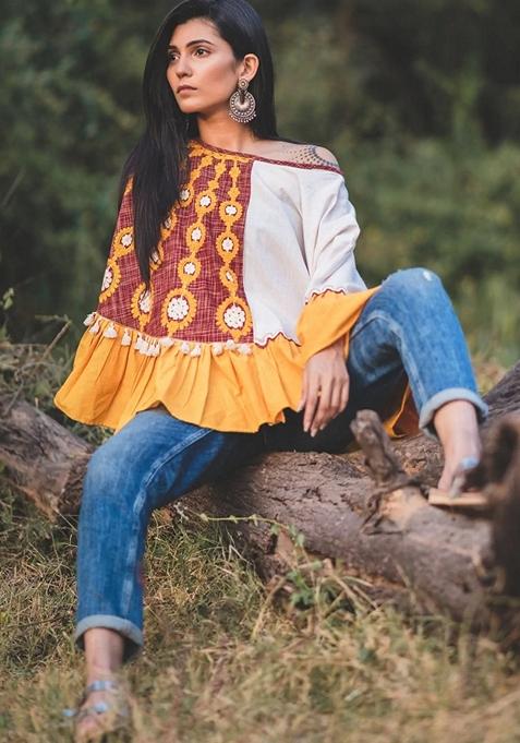 White Thread Embroidered Pure Cotton Poncho Top