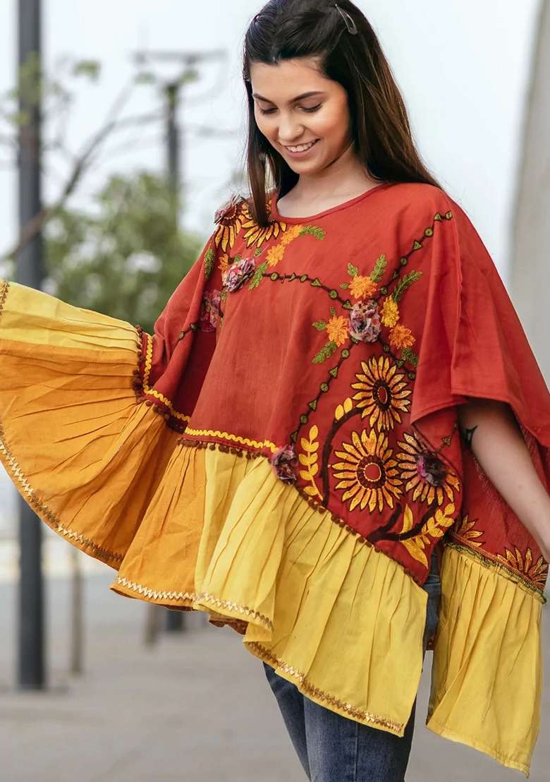 Orange Thread Embroidered Pure Cotton Poncho Top - Indya