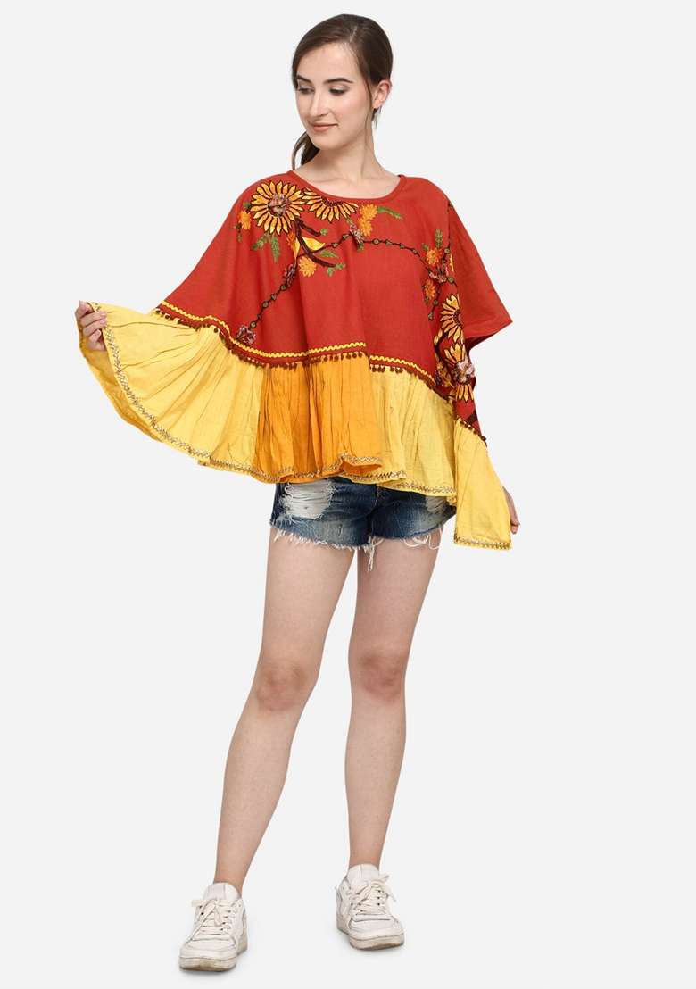 Orange Thread Embroidered Pure Cotton Poncho Top - Indya