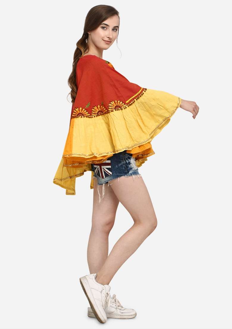 Orange Thread Embroidered Pure Cotton Poncho Top - Indya