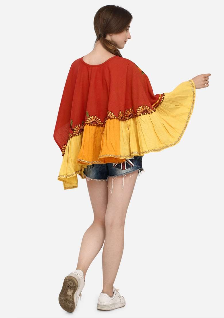 Orange Thread Embroidered Pure Cotton Poncho Top - Indya