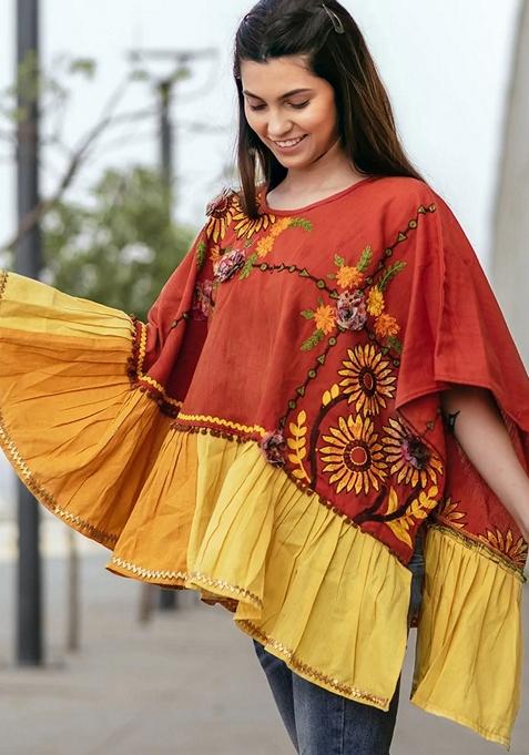 Orange Thread Embroidered Pure Cotton Poncho Top