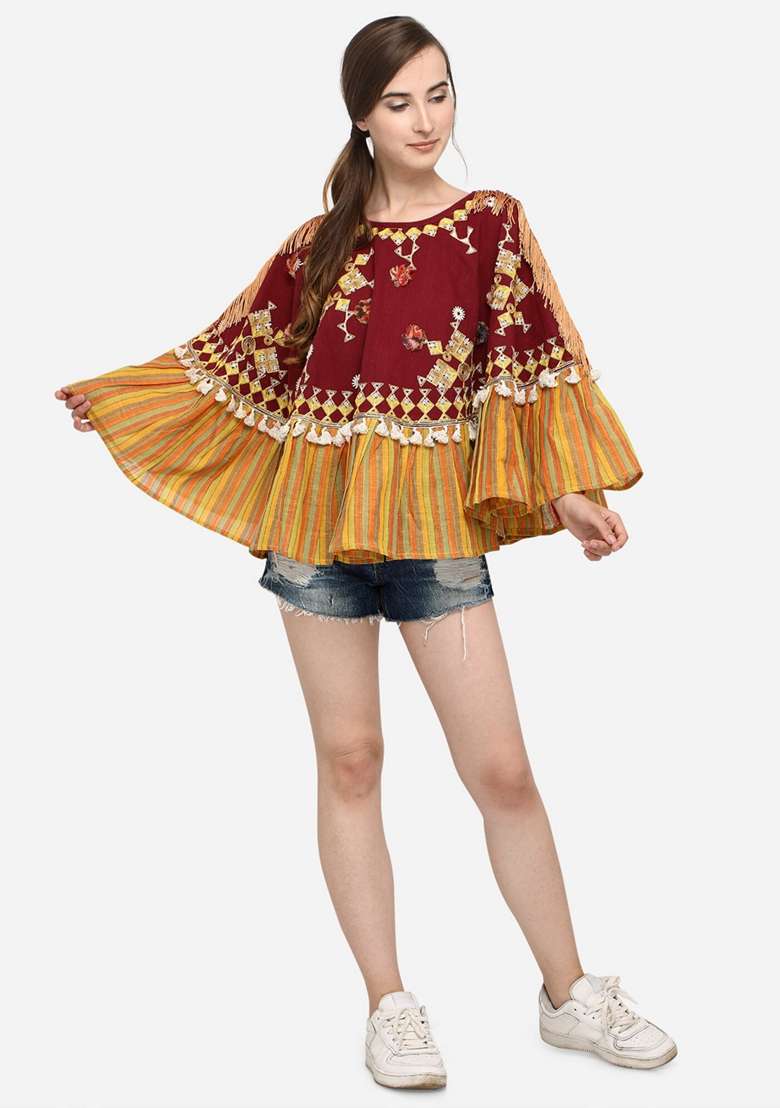 Maroon Embroidered Cotton Kurta - Indya