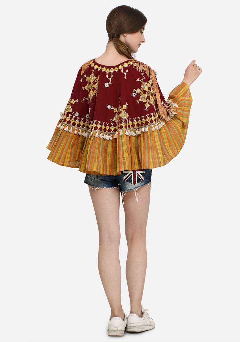 Maroon Embroidered Cotton Kurta - Indya