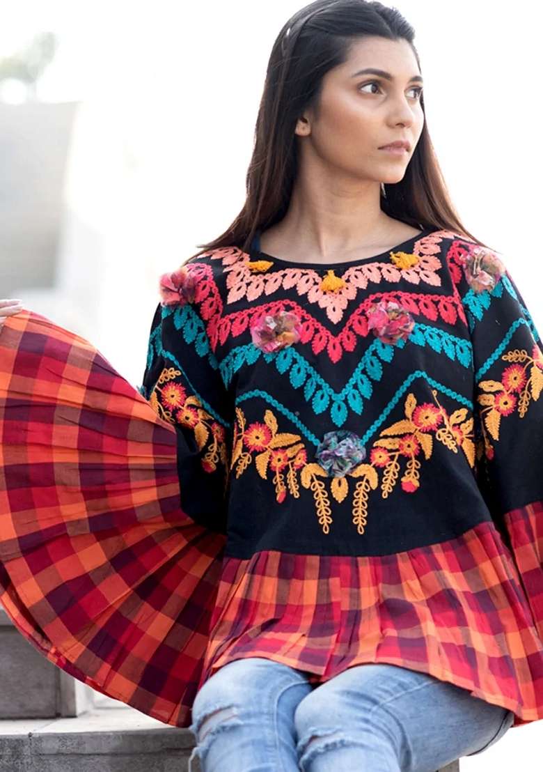 Black Thread Embroidered Pure Cotton Poncho Top - Indya
