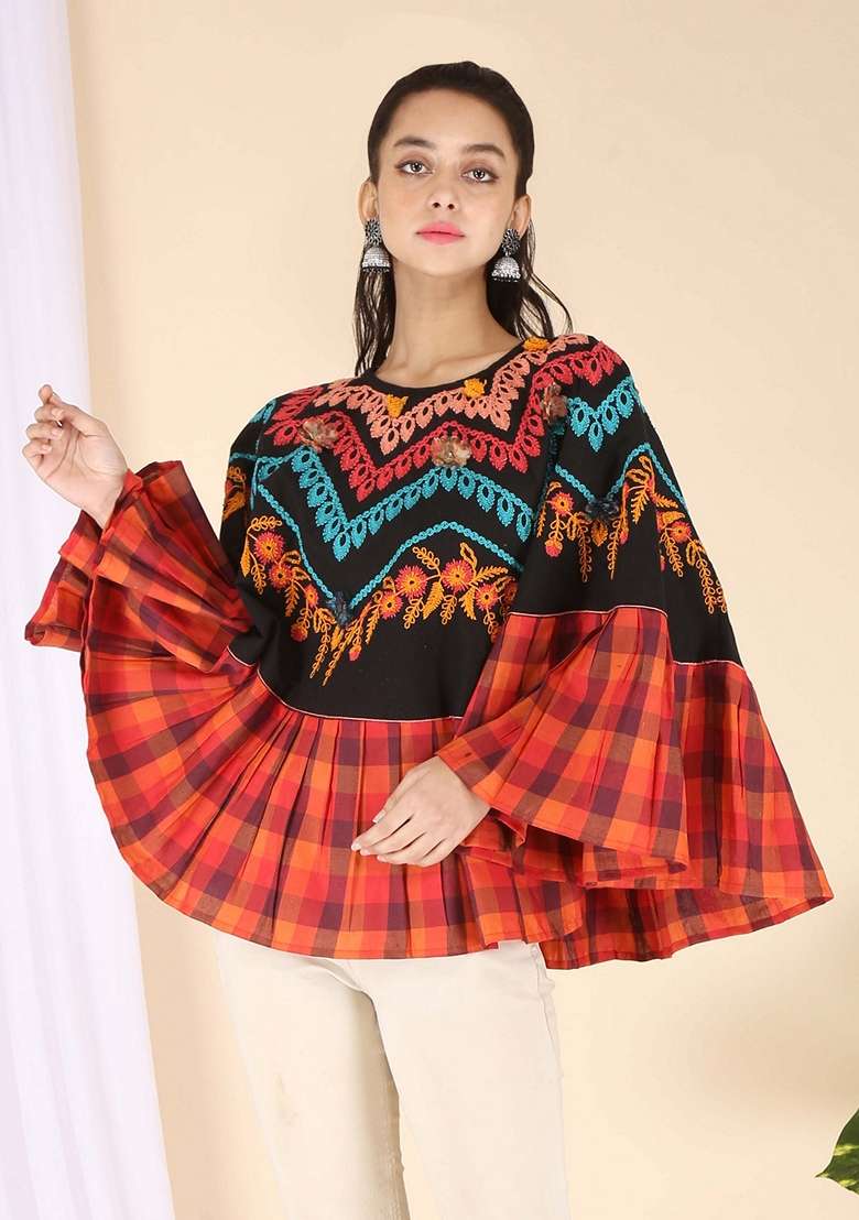 Black Thread Embroidered Pure Cotton Poncho Top - Indya