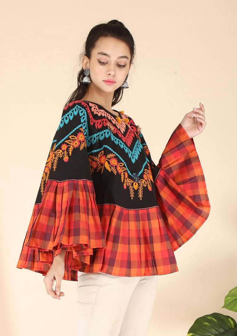 Black Thread Embroidered Pure Cotton Poncho Top - Indya