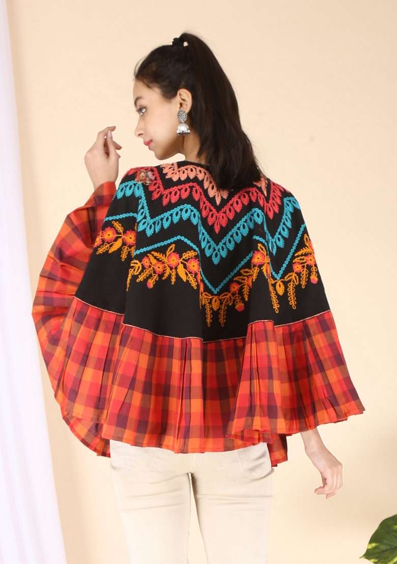 Black Thread Embroidered Pure Cotton Poncho Top - Indya