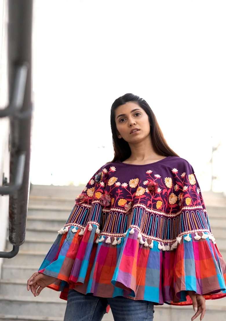 Purple Thread Embroidered Pure Cotton Poncho Top - Indya