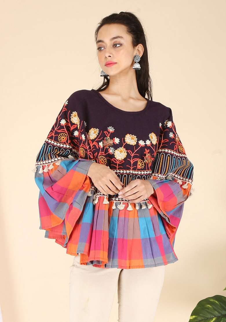 Purple Thread Embroidered Pure Cotton Poncho Top - Indya