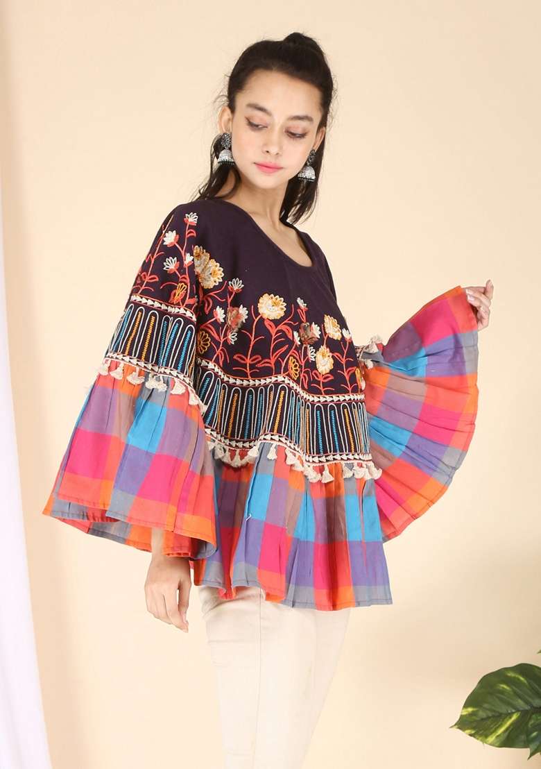 Purple Thread Embroidered Pure Cotton Poncho Top - Indya