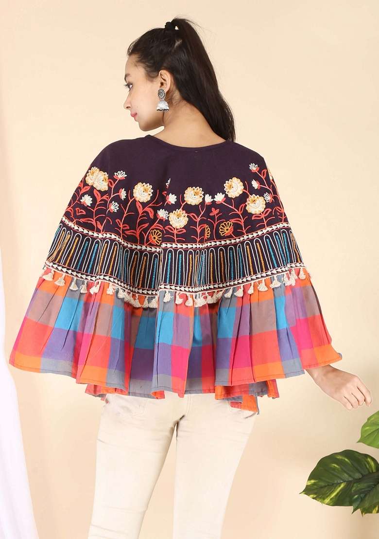 Purple Thread Embroidered Pure Cotton Poncho Top - Indya