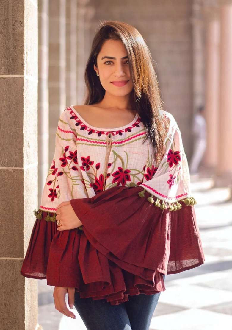 Baby Pink Embroidered Cotton Kaftan - Indya