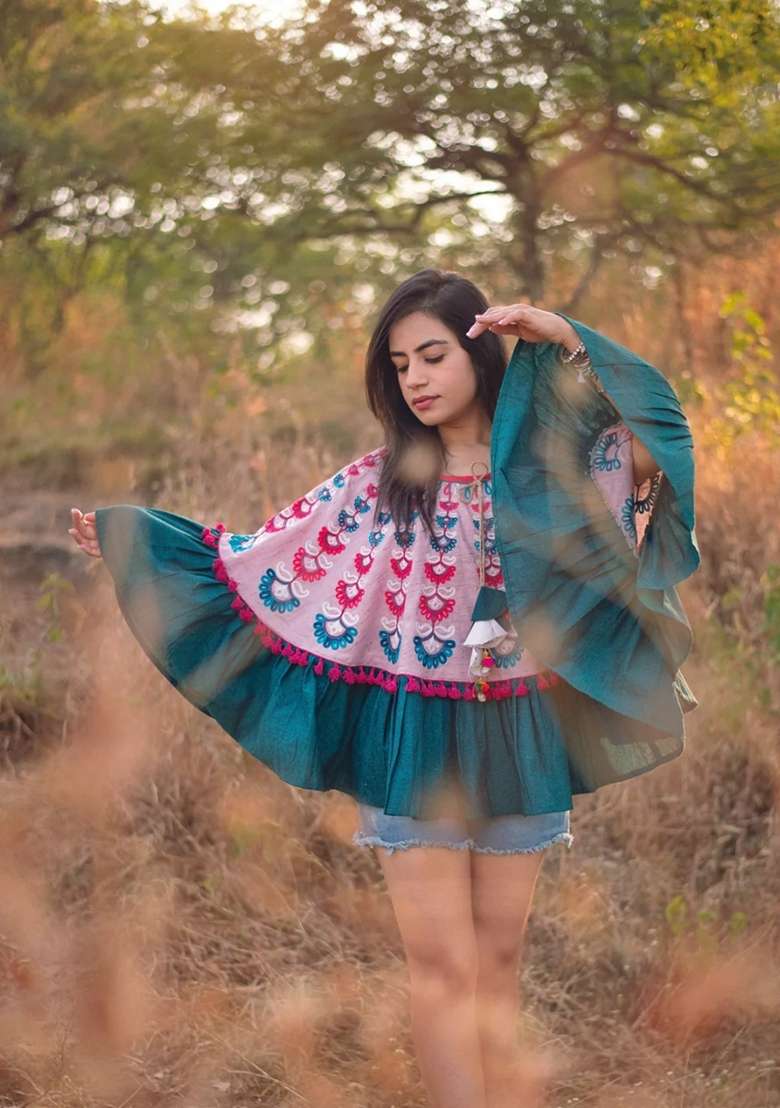 Dusty Pink Thread Embroidered Pure Cotton Poncho Top - Indya
