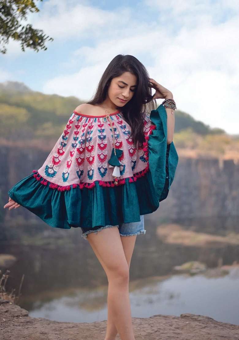 Dusty Pink Thread Embroidered Pure Cotton Poncho Top - Indya