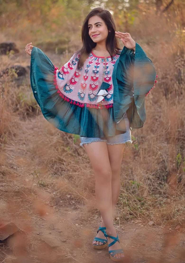 Dusty Pink Thread Embroidered Pure Cotton Poncho Top - Indya