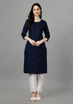 Navy Blue Embroidered Cotton Blend Kurta