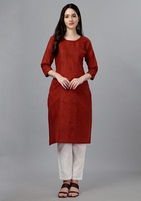 Orange Embroidered Cotton Blend Kurta