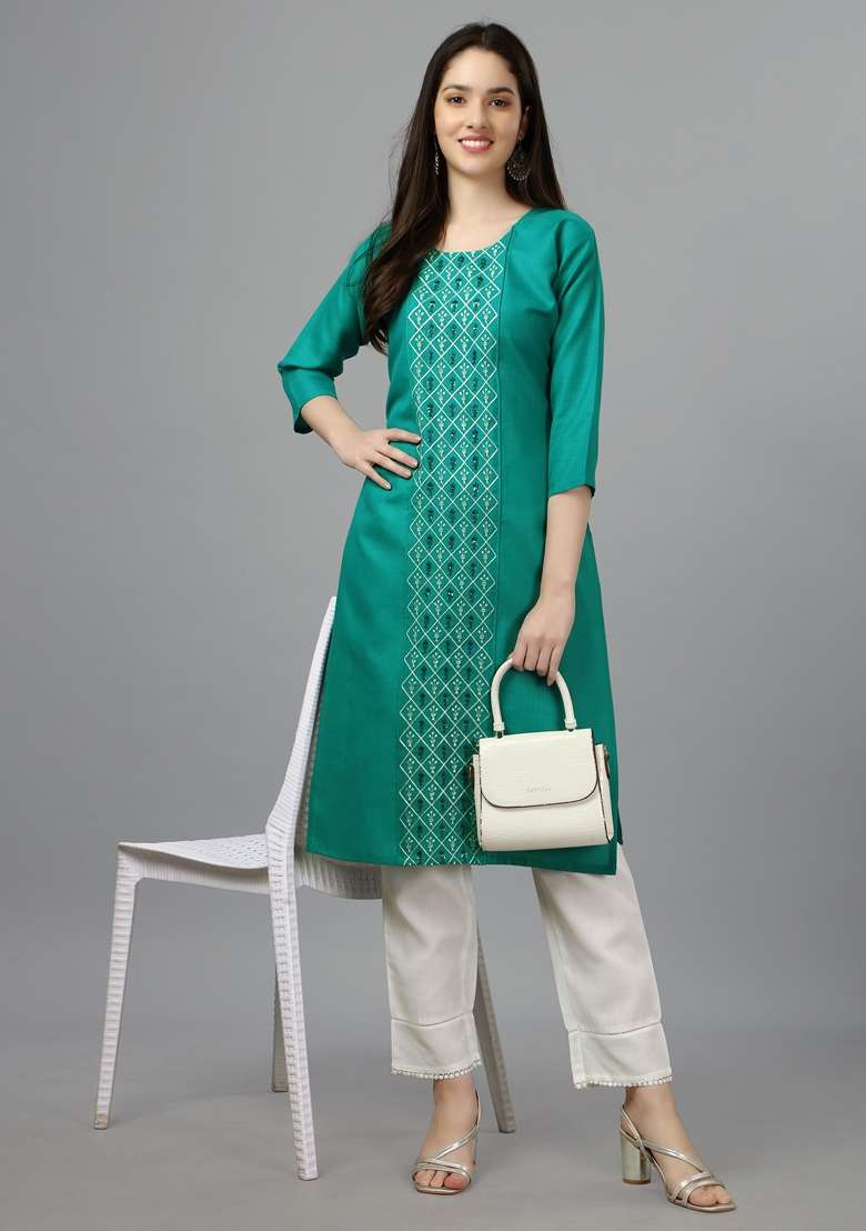 Light Green Embroidered Cotton Straight Kurta Set - Indya