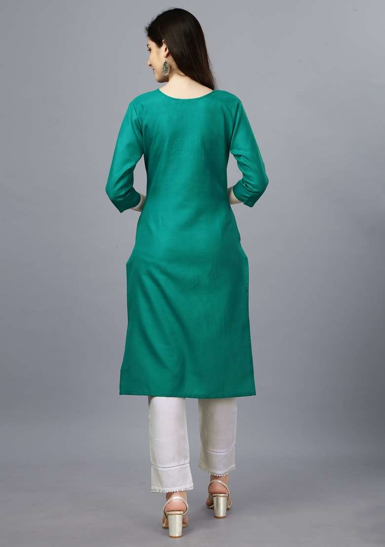 Light Green Embroidered Cotton Straight Kurta Set - Indya