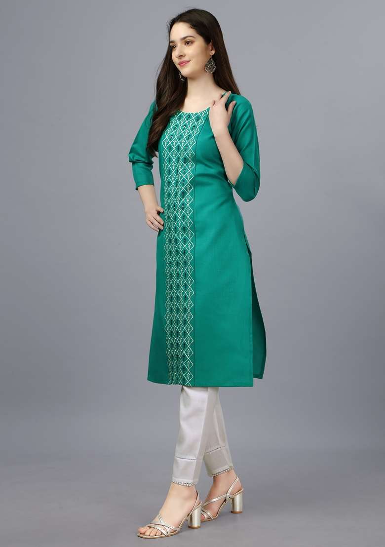 Light Green Embroidered Cotton Straight Kurta Set - Indya