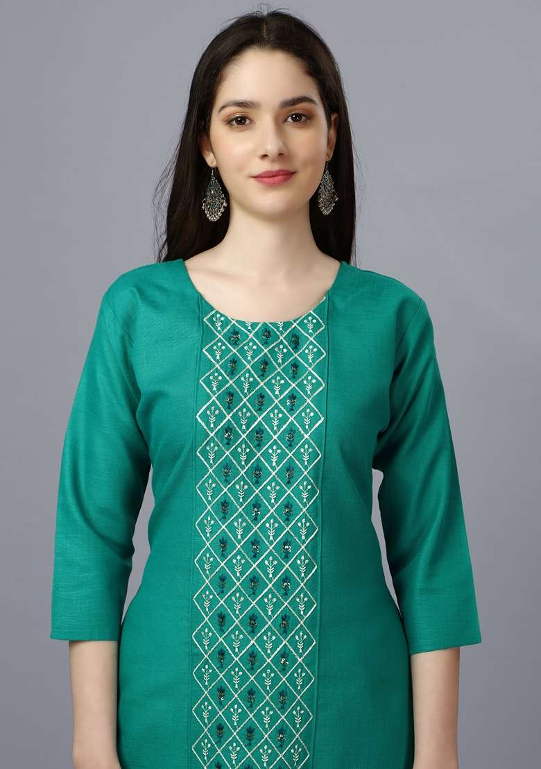 Light Green Embroidered Cotton Straight Kurta Set - Indya