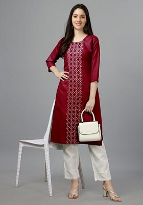 Maroon Embroidered Cotton Blend Kurta