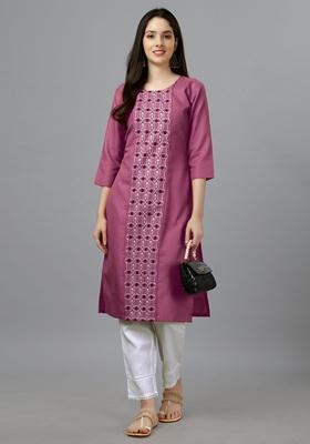 Wine Embroidered Cotton Blend Kurta