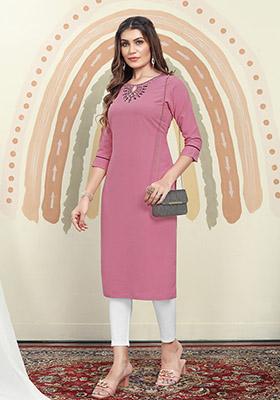 Light Pink Hand Embroidered Cotton Straight Kurta