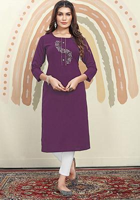 Wine Hand Embroidered Cotton Straight Kurta