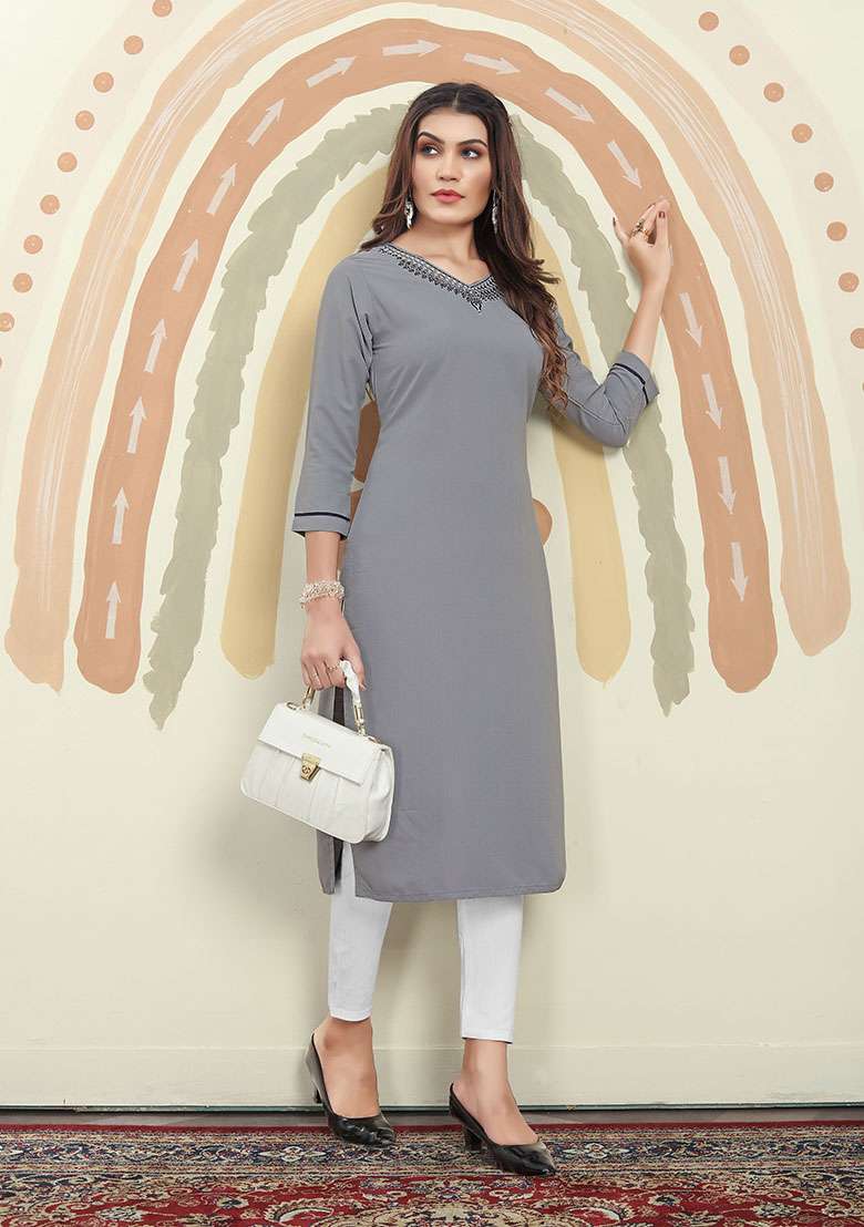 Grey Hand Embroidered Cotton Straight Kurta - Indya