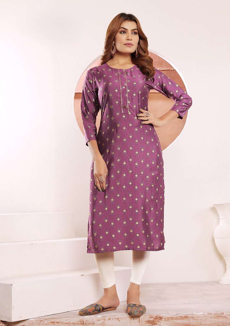 Purple Printed Viscose Muslin Straight Kurta - Indya