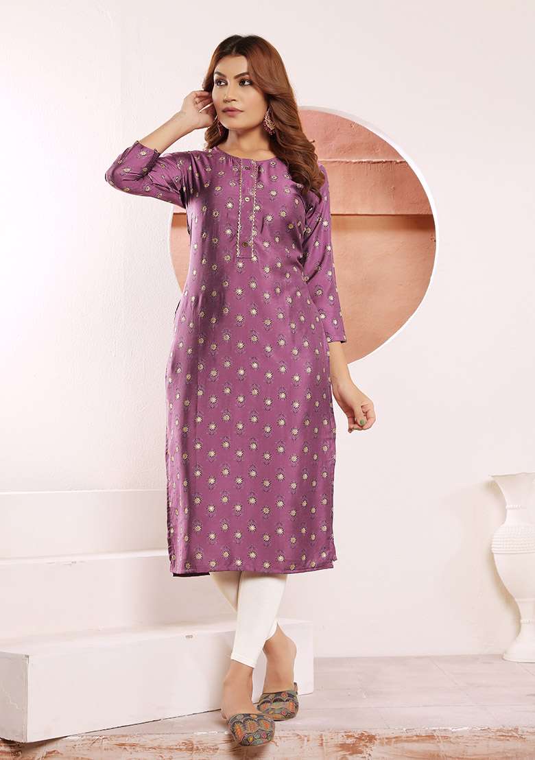 Purple Printed Viscose Muslin Straight Kurta - Indya