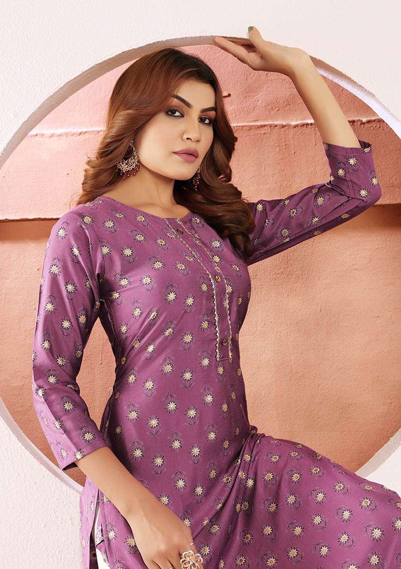 Purple Printed Viscose Muslin Straight Kurta - Indya