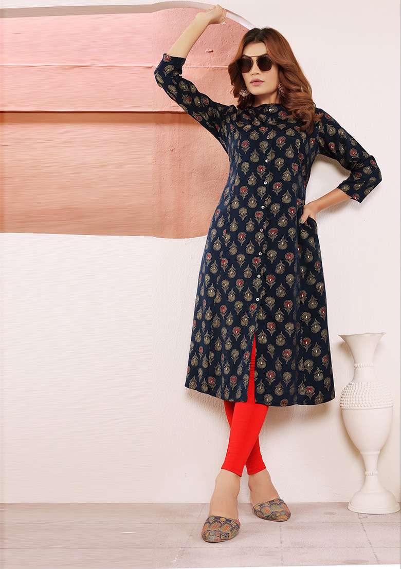 Navy Blue Printed Viscose Muslin Straight Kurta - Indya