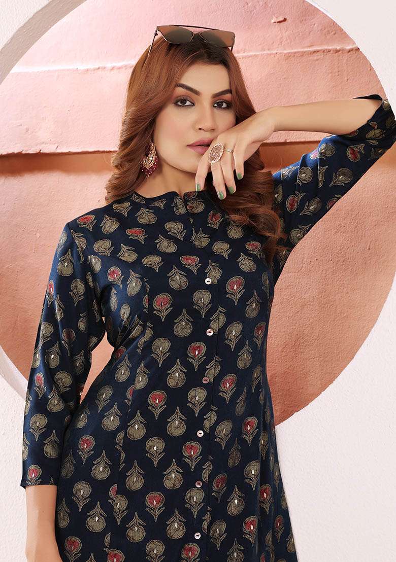 Navy Blue Printed Viscose Muslin Straight Kurta - Indya