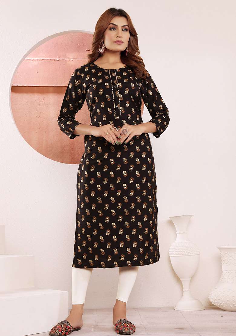 Black Printed Viscose Muslin Straight Kurta - Indya