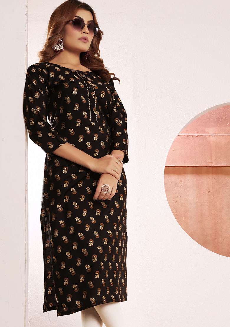 Black Printed Viscose Muslin Straight Kurta - Indya