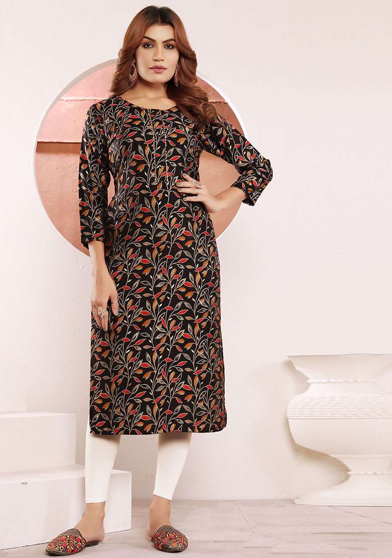 Multicolor Printed Viscose Muslin Straight Kurta - Indya