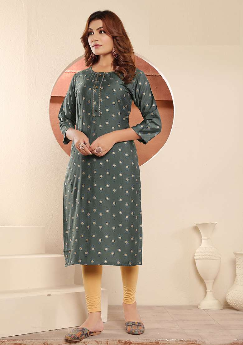 Grey Printed Viscose Muslin Straight Kurta - Indya