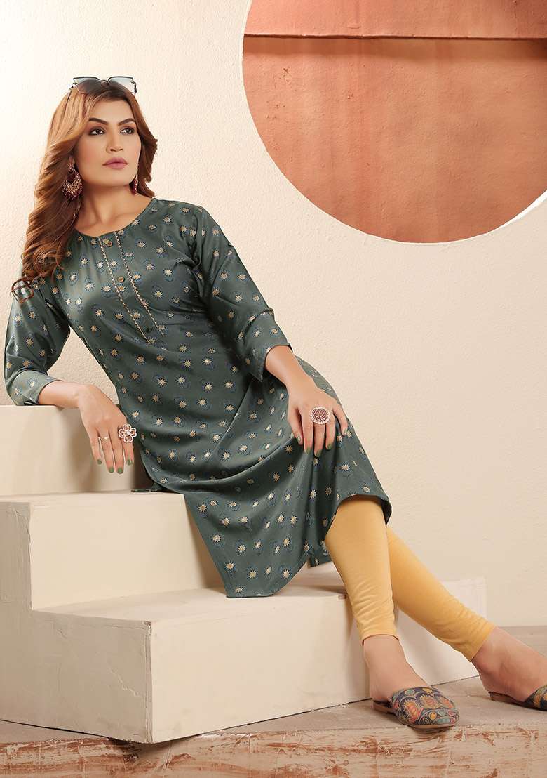 Grey Printed Viscose Muslin Straight Kurta - Indya
