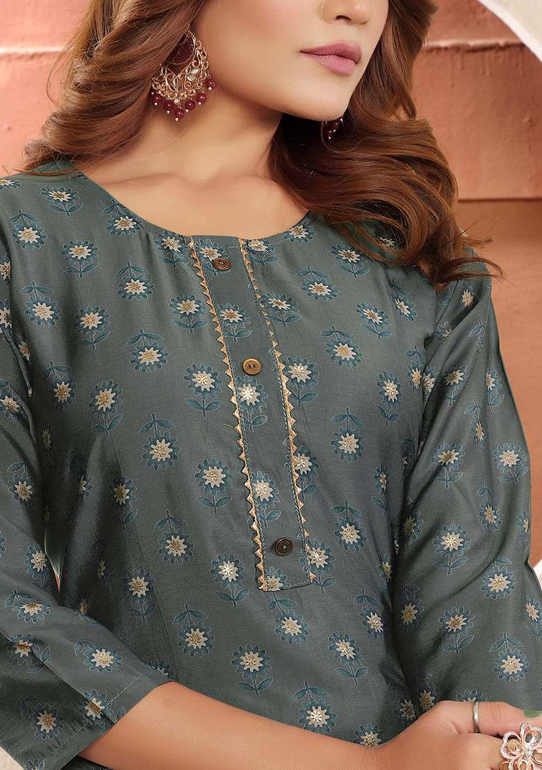 Grey Printed Viscose Muslin Straight Kurta - Indya