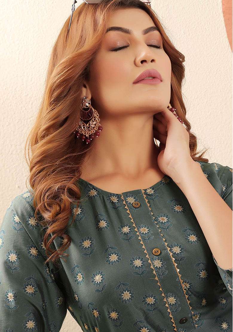 Grey Printed Viscose Muslin Straight Kurta - Indya