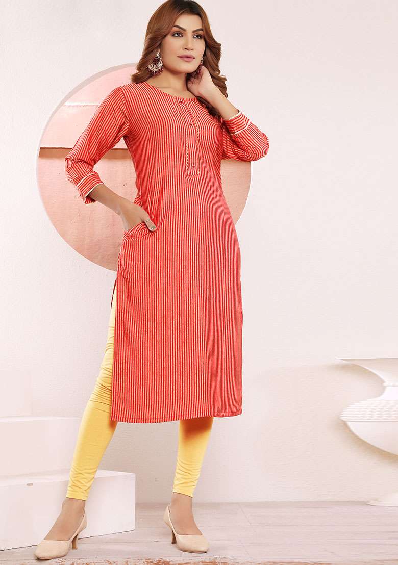 Red Printed Viscose Muslin Straight Kurta - Indya