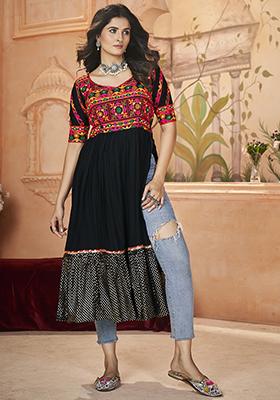 Black Embroidered Rayon Kurta