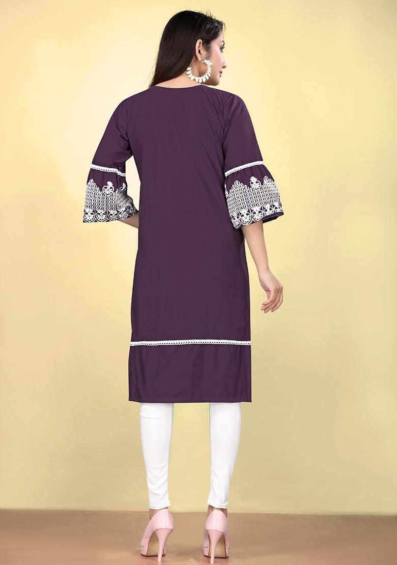 Wine Embroidered Cotton Kurta