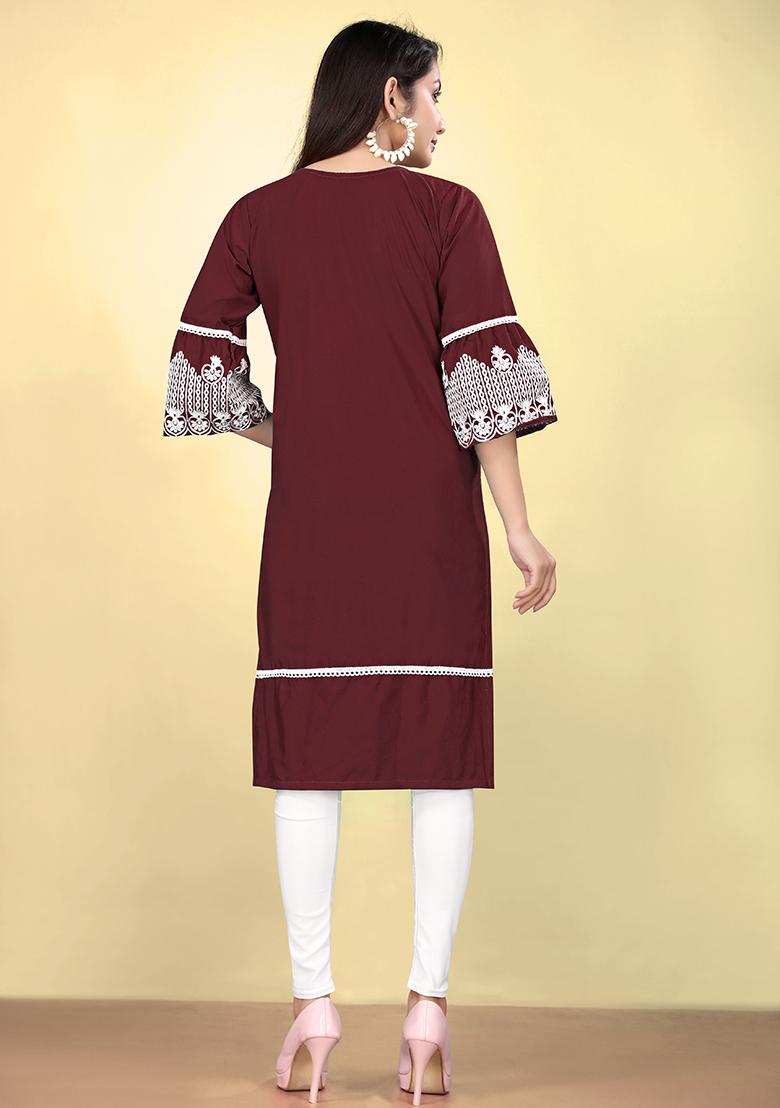Maroon Embroidered Cotton Kurta